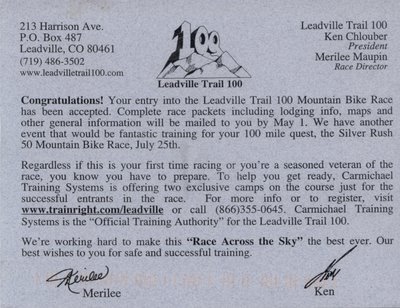 2009 Leadville 100 MTB Confirmation Card Back